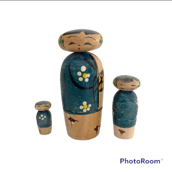 VTG Kokeshi Nesting Dolls Set, Bobble Head, Blue - Picture 2 of 10